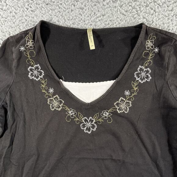 WHITE STAG TOP WOMENS LARGE BLACK FLORAL V NECK 3/4 SLEEVE Y2K COTTON SHIRT - Picture 4 of 8